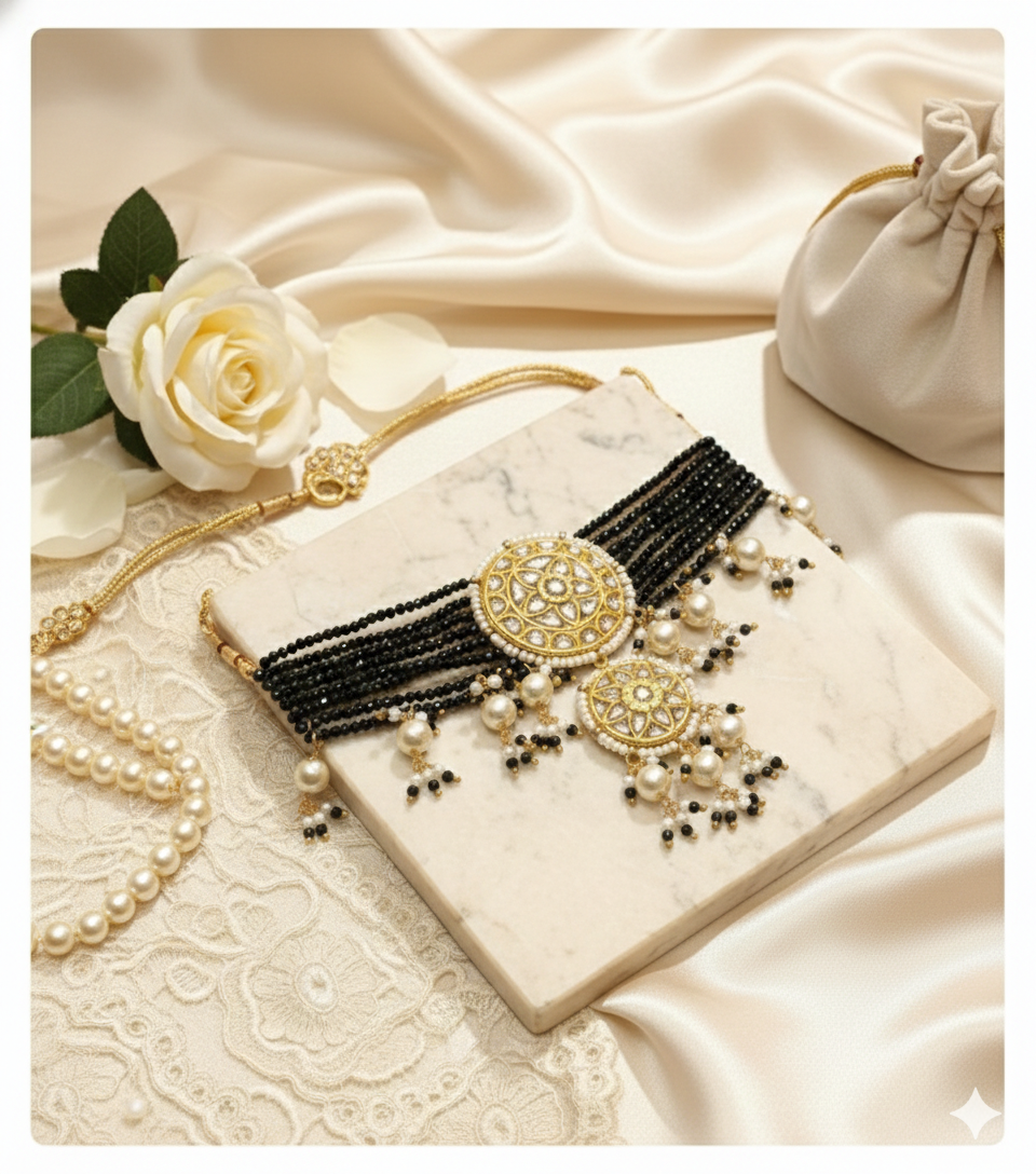 Exquisite Victorian Polki Diamond Choker Necklace with Natural Black Spinel & Pearls | Handcrafted 22KT Gold Plated Indian Heritage Jewelry