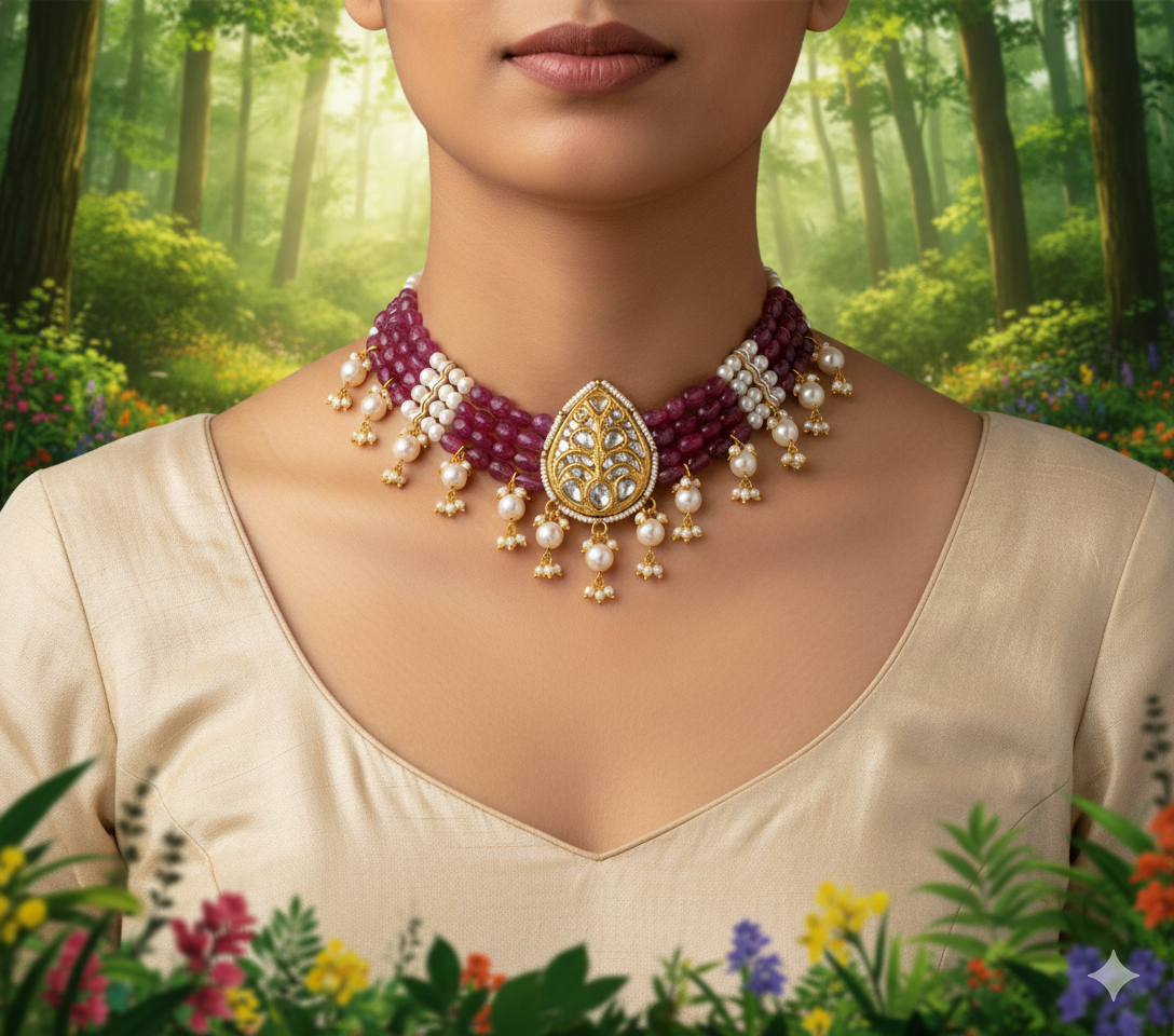Exquisite Ruby Diamond Heritage Choker - 22K Gold Plated Polki Necklace with Multi-Strand Ruby Beads - Traditional Bridal Jewelry - 24cm